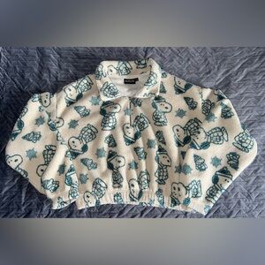 Peanuts Snoopy Puffer Jacket Patterned Fleece Sweater w/ Snowflakes Juniors Sz L